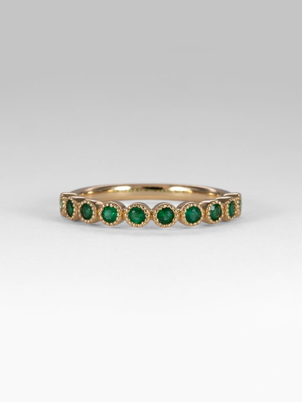 Natural Round Zambian Emerald Band in Solid 14K Yellow Gold with Milgrain Design